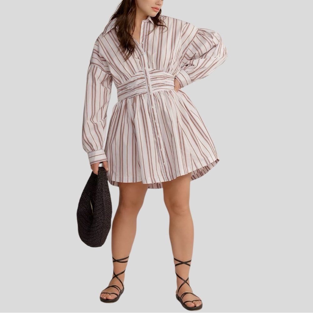 NWT Anthropologie Long Sleeve Stripe Collard A-Line Mini Dress Size Large